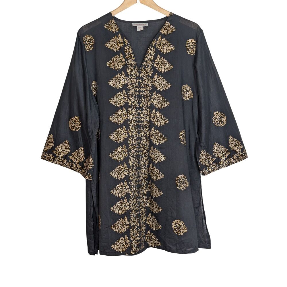 EUC Tunic Top Coverup Size 1X Peppermint Bay Semi Sheer Black Gold Boho Beachy